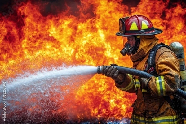 Fototapeta Firefighter putting out a fire