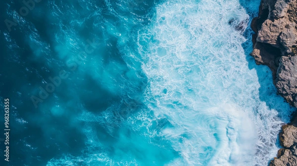 Fototapeta Aerial view of crashing ocean waves against rugged coastal cliffs, dramatic water movement, deep blue sea and white foam, powerful and serene