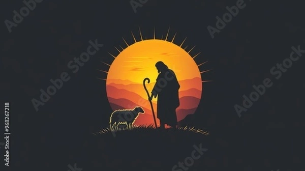 Obraz Logo of Jesus as a shepherd with a lost sheep against a sunset background.Dark tone.Concept of care, faith, Christianity and religion