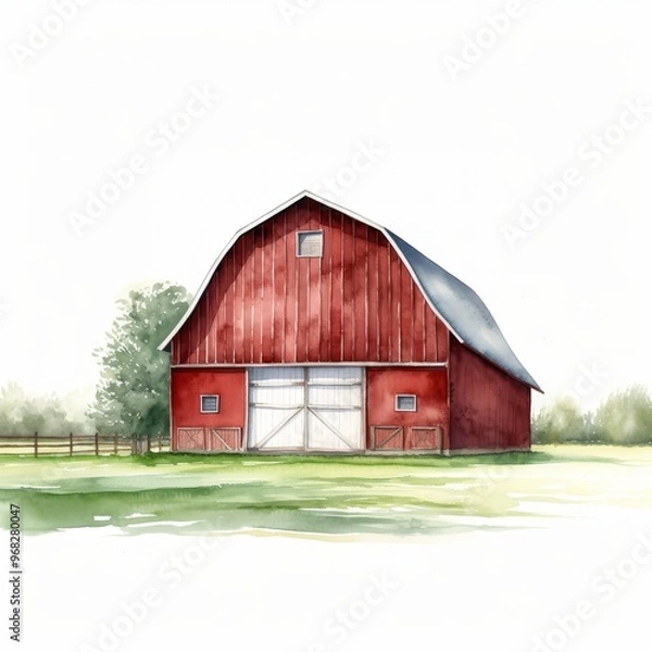 Fototapeta Rustic Red Barn Illustration in Countryside Setting - Ideal for Farmhouse Decor and Agricultural Themes