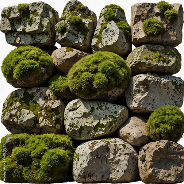 Fototapeta Pile of moss-covered stones creating a natural texture