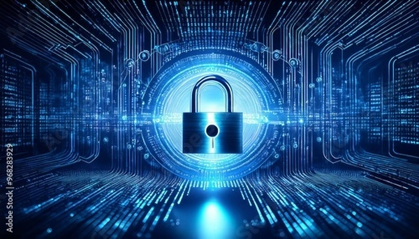 Obraz Illustration of a futuristic, cyber-tech style digital padlock surrounded by flowing binary code and electronic circuit lines, Generative AI