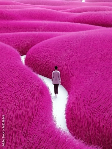 Fototapeta Person walks on white path in magenta hills in surreal, minimalist landscape, with futuristic contra