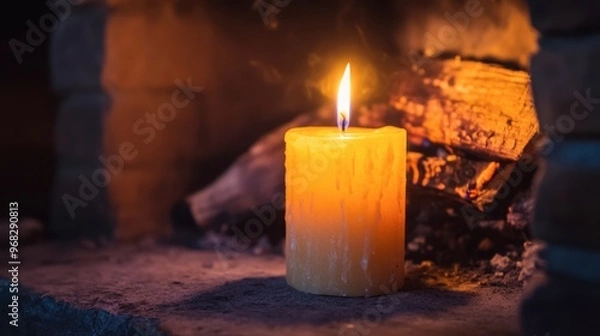 Fototapeta A candle burning in a fireplace, with the flame casting a warm glow over the hearth and creating a cozy atmosphere.