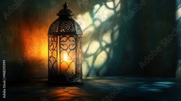 Fototapeta A candle burning in a lantern, with the light softly illuminating the glass and casting patterns on the walls.