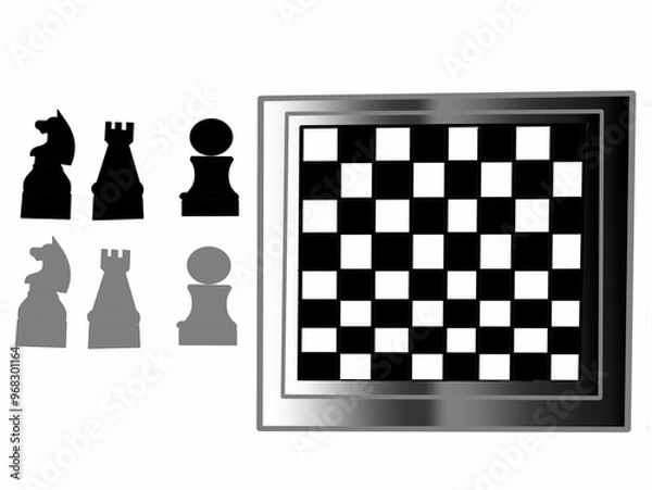 Obraz A digital design of  chess pawns, with a chessboard on the side ,in a white background