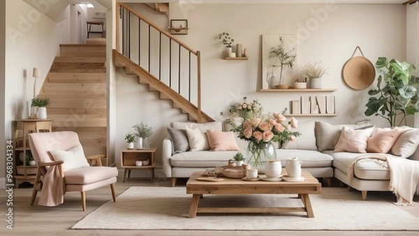 Obraz A modern living room in a farmhouse style, showcasing a wooden staircase, vintage accents, and a soft color palette