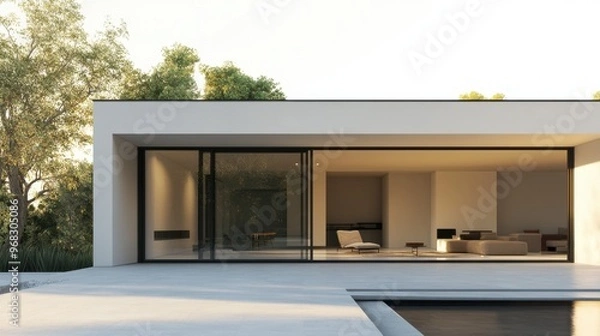 Fototapeta A contemporary house with a minimalist design, featuring large glass doors leading to a patio.