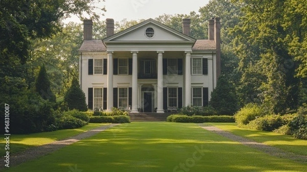 Fototapeta A historic colonial house with tall columns, shutters on the windows, and a large front lawn.