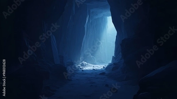 Fototapeta A narrow cave passage, with jagged walls and a distant light at the end, creating a sense of adventure.