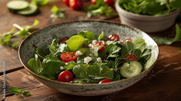 Fototapeta A vibrant farm to table salad with mixed greens, cherry tomatoes, cucumbers, and feta cheese served in a rustic bowl on a wooden table with fresh herbs for a healthy meal