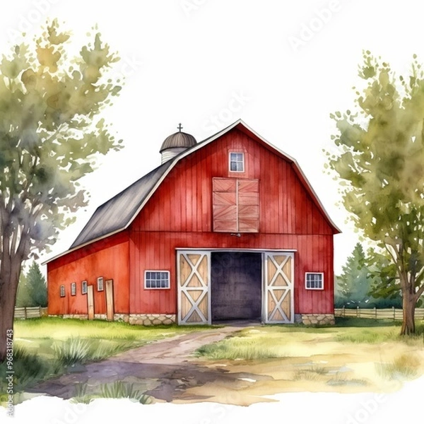 Fototapeta Hand-Painted Illustration of a Red Barn with Open Doors Surrounded by Trees in a Rural Setting