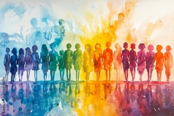 Fototapeta Abstract watercolor artwork showcasing a diverse group of people in unity and colorful harmony