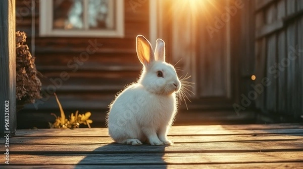 Fototapeta A white rabbit sits on a wooden surface, illuminated by warm sunlight during sunset.