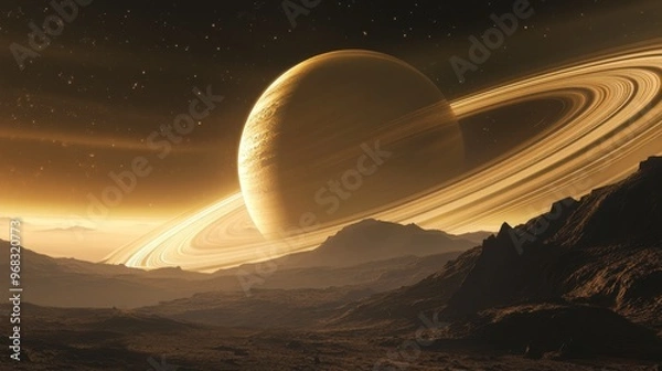 Obraz A view of Saturn and its rings as seen from one of its moons, with the planet looming large in the sky.