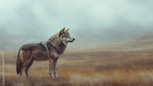 Fototapeta A wolf standing alone in a vast, open field, with the wind blowing through its fur.