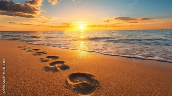 Fototapeta Footprints in the sand leading to the water edge, with the sun setting in the background.