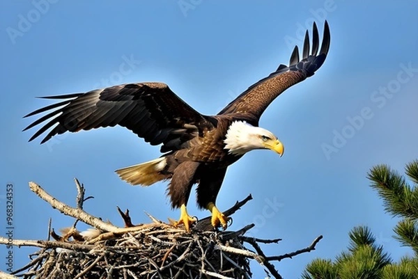Fototapeta Eagle flying. White tailed eagles (Haliaeetus albicilla) flying at a field in the forest of Poland searching for food on a foggy autumn morning.
