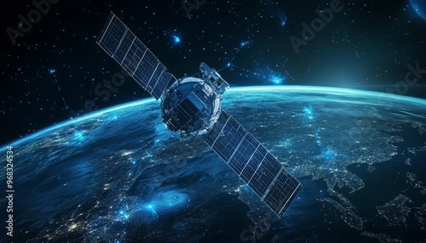 Fototapeta Futuristic telecom satellite orbiting earth with holographic data for gps and internet connectivity