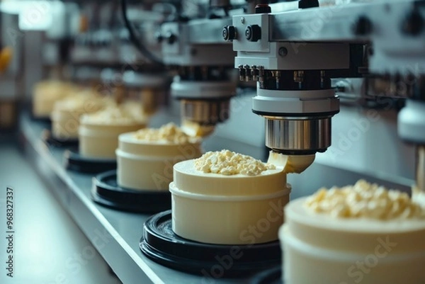 Fototapeta Automatic Cream Topping Machine Dispensing Cream on White Cakes