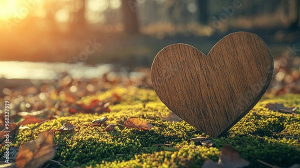 Fototapeta wooden heart rests on a lush mossy forest floor, symbolizing the connection between nature and human emotions, emphasizing harmony, love, and tranquility in a serene natural environment