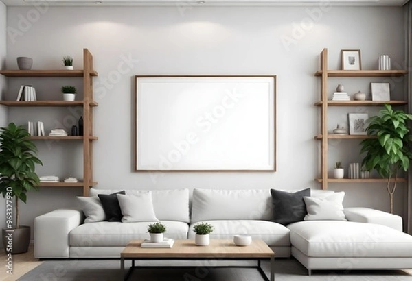 Fototapeta A modern minimalist living room with a large blank white frame on the wall, surrounded by wooden shelves and decor items