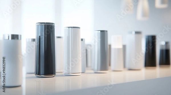 Fototapeta Stylish modern speakers in a sleek, minimalistic setting with various color options.