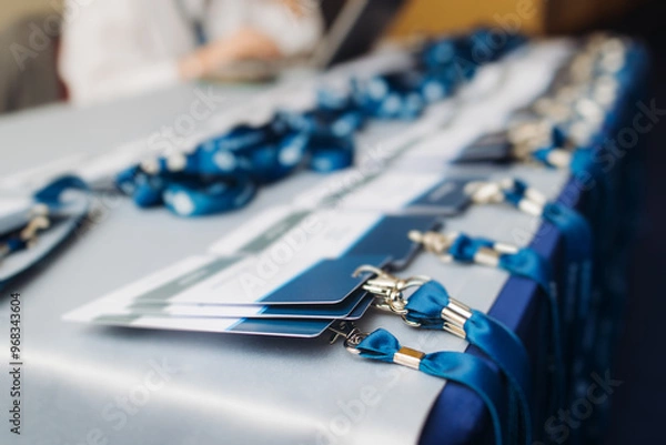 Fototapeta Process of checking in on conference congress forum event, registration desk table, visitors and attendees receiving lanyard with name badge and entry wristband bracelet and register electronic ticket