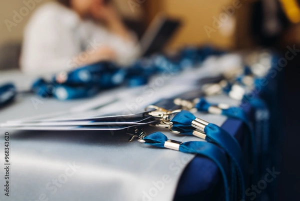 Fototapeta Process of checking in on conference congress forum event, registration desk table, visitors and attendees receiving lanyard with name badge and entry wristband bracelet and register electronic ticket