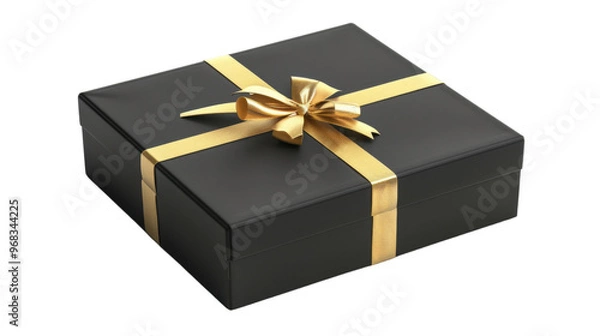 Fototapeta Gift box black with gold ribbon on transparent background