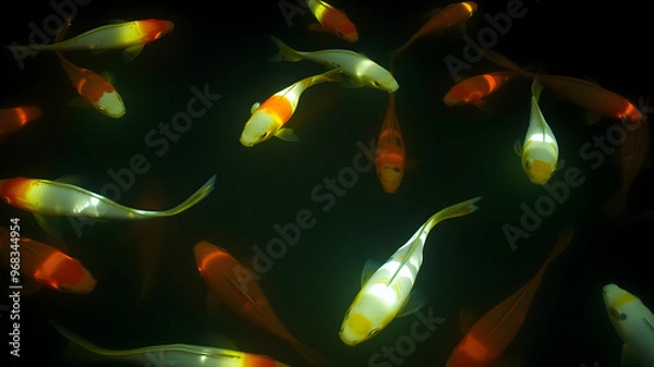 Fototapeta Glowing koi fish swimming in a dark pond, creating an ethereal and peaceful scene, aquatic glowtime, tranquil and beautiful.