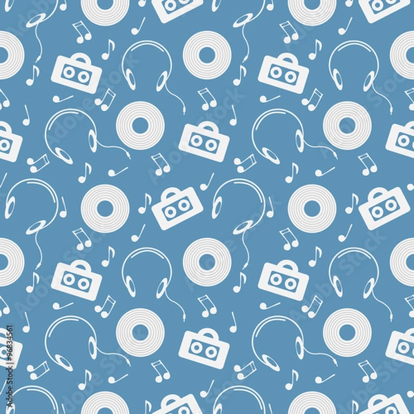 Fototapeta Seamless music vector pattern, chaotic background with music player, headphones, notes, record, over blue backdrop