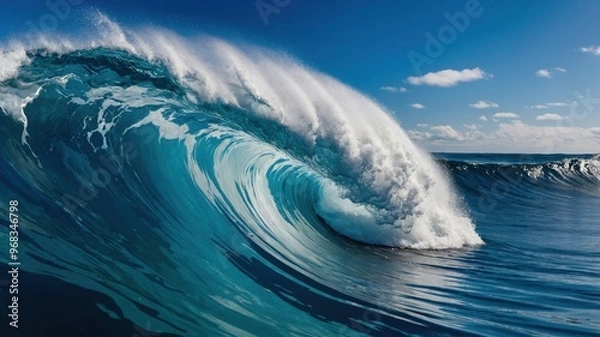 Fototapeta A powerful, massive ocean wave curls and crashes against the water under a bright, clear blue sky, showcasing the force of nature.
