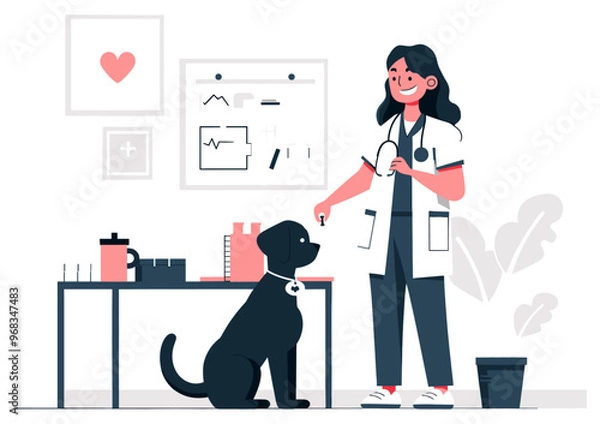 Fototapeta Veterinarian giving a treat to a dog after routine checkup. Flat design illustration, simple vector graphics