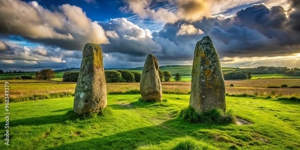 Obraz Ancient weathered stones rise from the earth, three massive upright monoliths standing sentinel, a fallen capstone lies