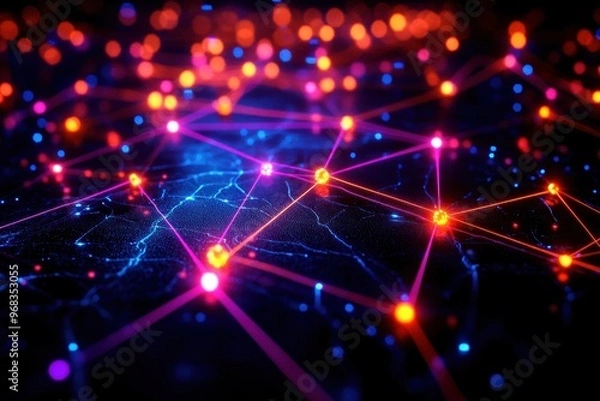 Fototapeta Futuristic connected network with vibrant dots and glowing lines, representing digital communication and technology concepts.