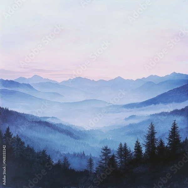 Fototapeta Serene mountain landscape at dawn, featuring misty valleys and silhouetted trees against a pastel sky.