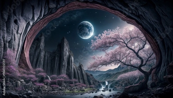 Fototapeta A fantastical scene of a full moon, blooming cherry blossoms, and a waterfall flowing through a dreamlike landscape under a starlit sky..