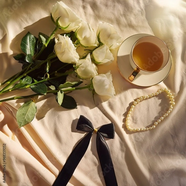 Obraz ribbon bow, white pearl necklace ,a cup of tea, a bunch of white roses are on the top of a ivory bed sheets in a yellowish light