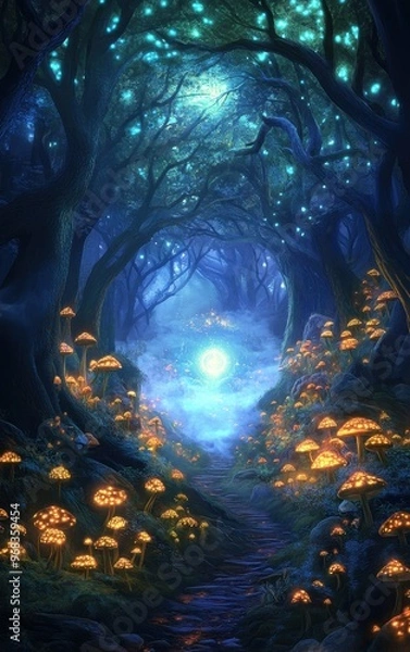 Fototapeta A mystical forest path adorned with glowing mushrooms, vibrant colors, and enchanting lights, perfect for fantasy themes.