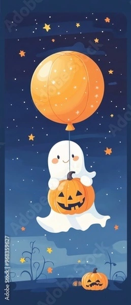 Fototapeta A whimsical ghost flying with an orange balloon, holding a pumpkin, against a starry night sky perfect for Halloween themes.