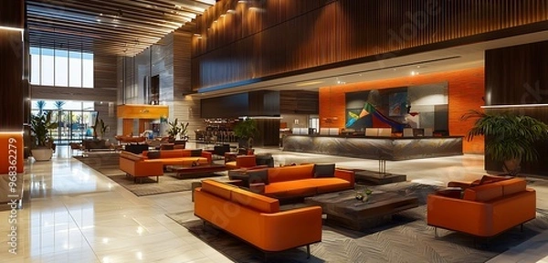 Fototapeta Spacious modern hotel lobby with contemporary guest areas.