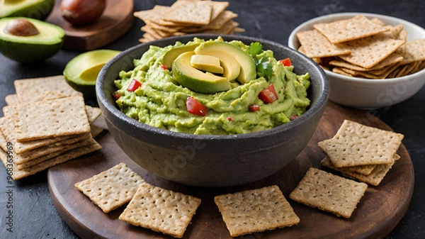 Obraz Bowl of fresh guacamole with a side of whole grain crackers, brain-boosting snack, healthy and delicious.