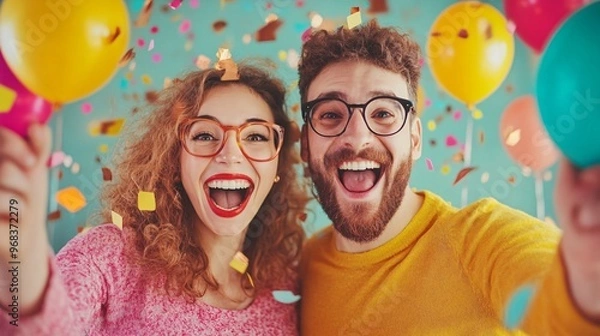 Fototapeta Happy young couple celebrating with balloons and confetti, expressing joy and excitement.