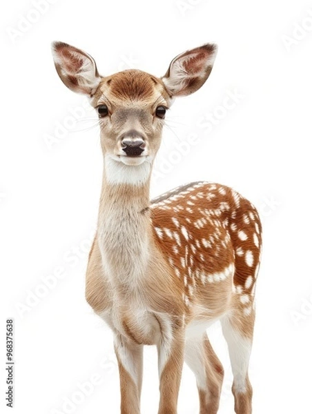 Fototapeta A deer with white spots stands in front of a white background