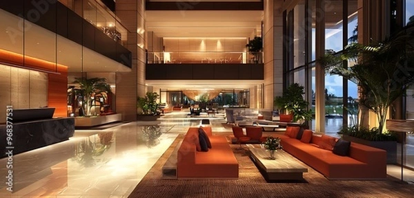 Fototapeta Elegant hotel with a spacious, open lobby that emphasizes modern design.