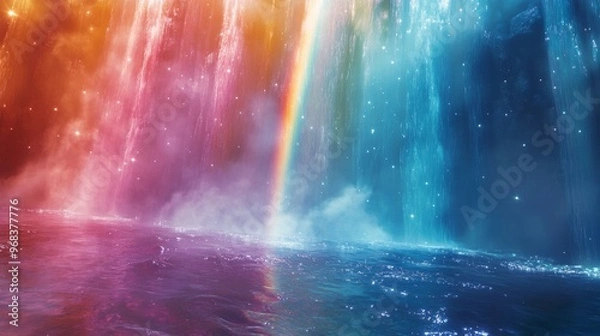 Fototapeta Two Vibrant Waterfalls with a Rainbow Cascading into a Rippling Pool