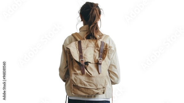 Obraz Beige backpack on woman's back on transparent background
