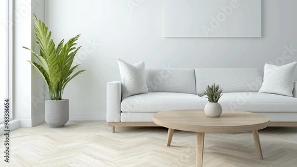 Obraz A living room with a white couch and a coffee table