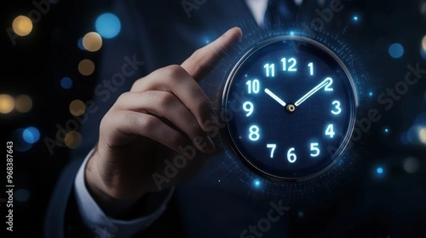 Fototapeta A hand holds a glowing clock, symbolizing time management and urgency in a business context.